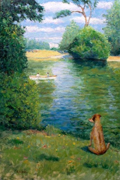 Paris Park Bois de Boulogne Boating Lake with dog, Painting, Oil on Wood Panel