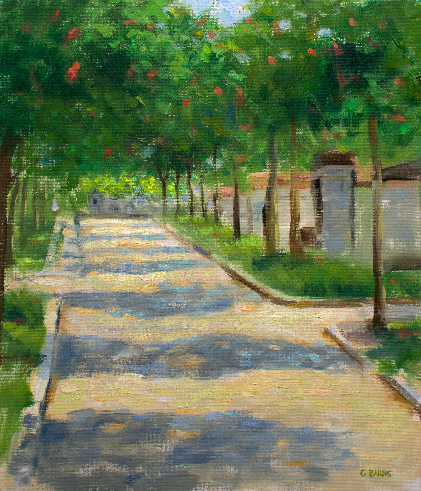 I always find this timeless corner of Paris serene, despite its association with death, or perhaps because of it. It was the dappled light cut between the shadows of the trees that caught my gaze..    Painted on canvasboard (canvas attached to board