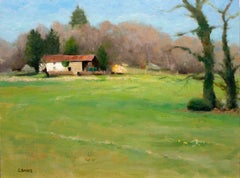 rurales Bauernhaus in französischer Landschaft auf einem sonnenbeschienenen Winter, Gemälde, Öl auf Leinwand