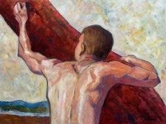 Seeking to rise into the light, man climbing tree, Painting, Oil on Canvas