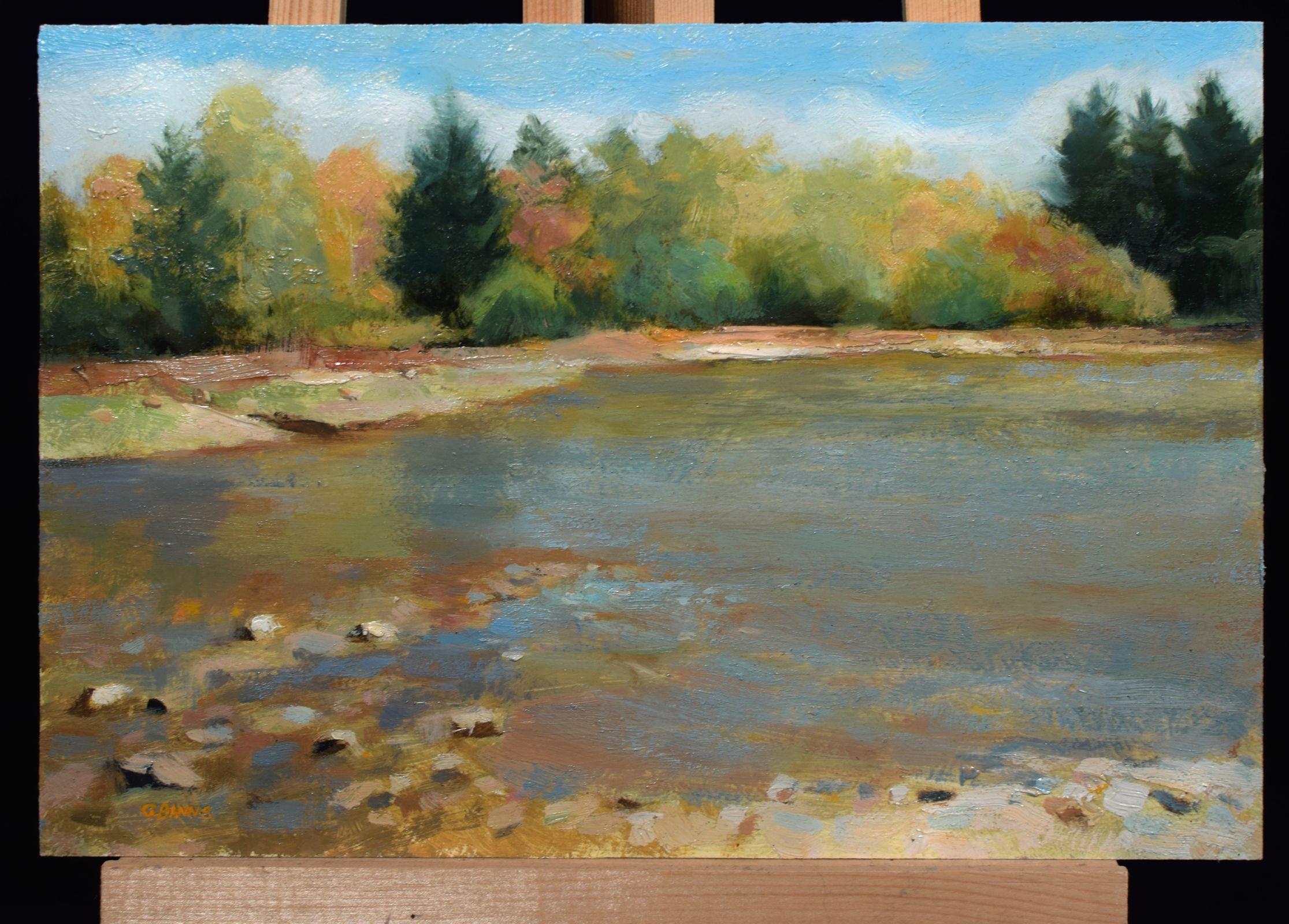 Estanque de bosque poco profundo pintura impresionista sobre madera, Pintura, Óleo sobre panel de madera - Painting Impresionista de Gav Banns