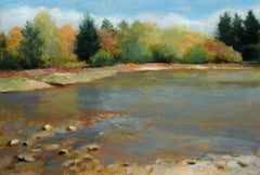 Peinture impressionniste sur bois creux d'un étang de forêt, peinture sur panneau de bois