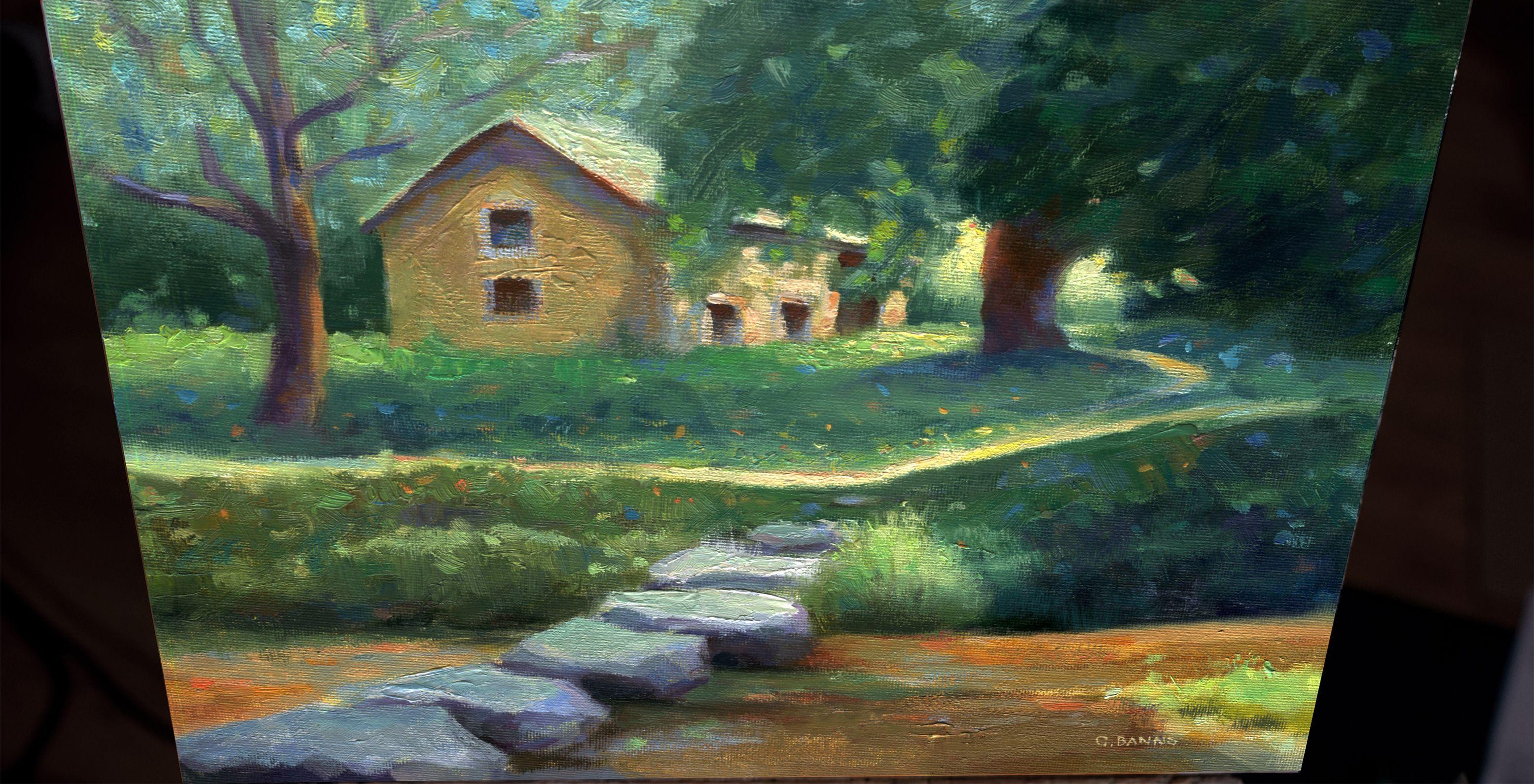 Stepping stones over the river to an Old Barn, Painting, Oil on Canvas For Sale 1
