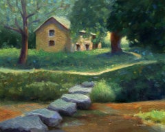 Stepping stones over the river to an Old Barn, Painting, Oil on Canvas