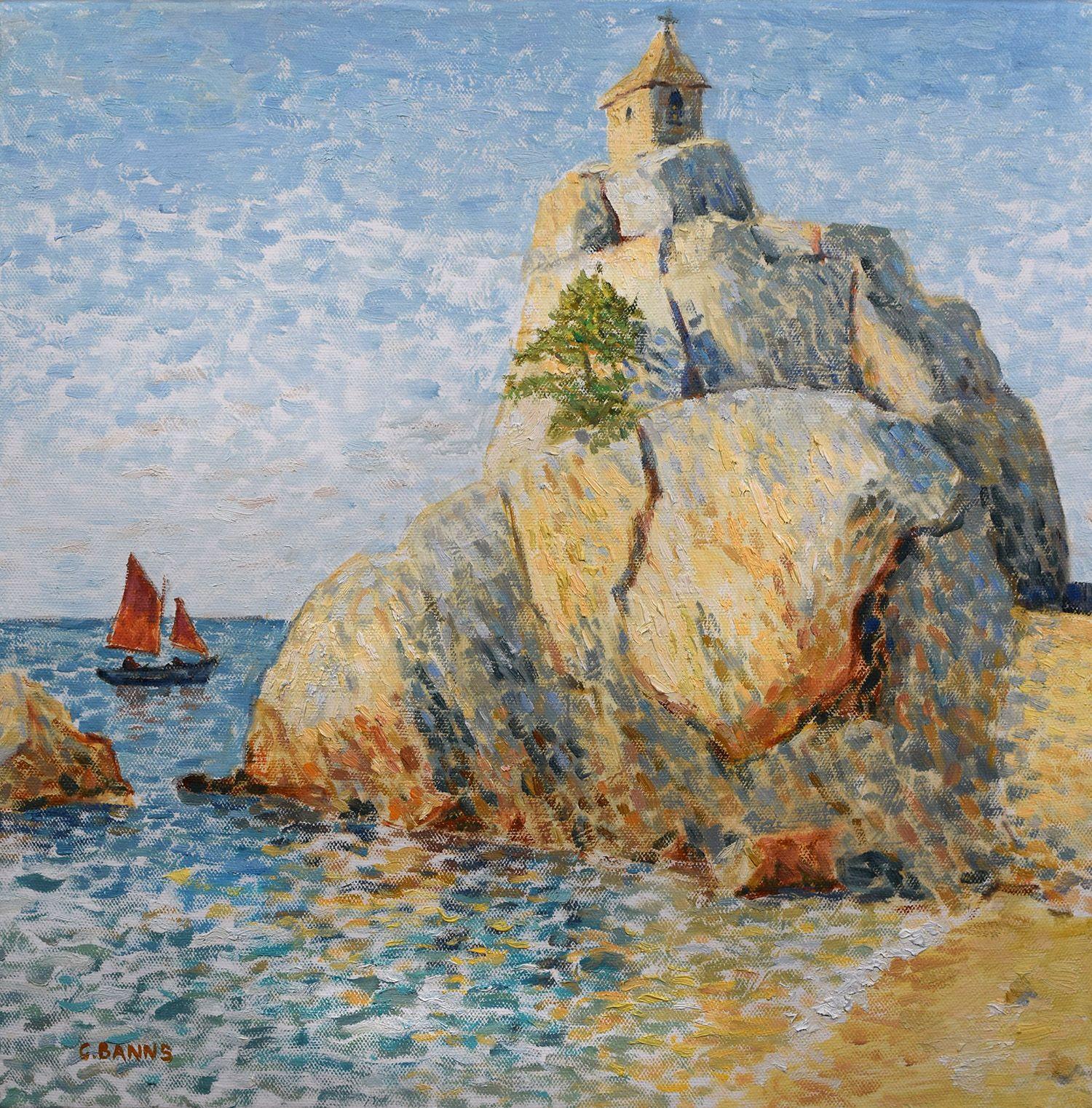 La costa della Bretagna, cappella di Port-Blanc sugli scogli, Pittura, Olio su tela - Painting di Gav Banns