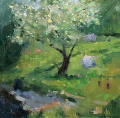 Baum in Frühlingsblättern, der die Sonne strahlt, Gemälde, Öl auf Leinwand