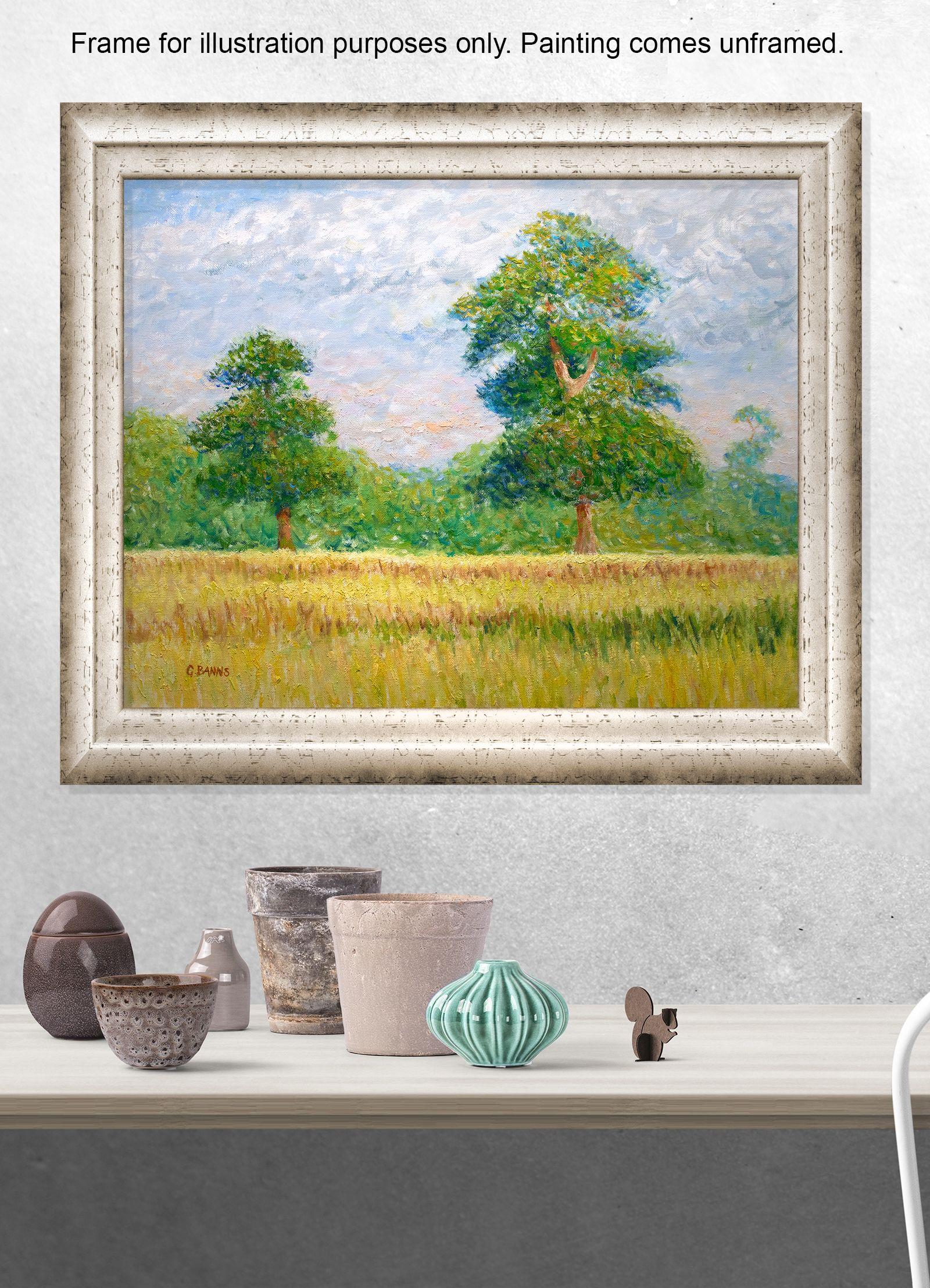 The oak trees sit on a protected site, and whilst these ones are comparatively young compared to the 1,200 year ones nearby I was captivated by their grace and colour, standing alone in a field in one another's company.    It is painted with