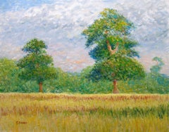 Deux arbres de chêne dans un champ, peinture, huile sur toile