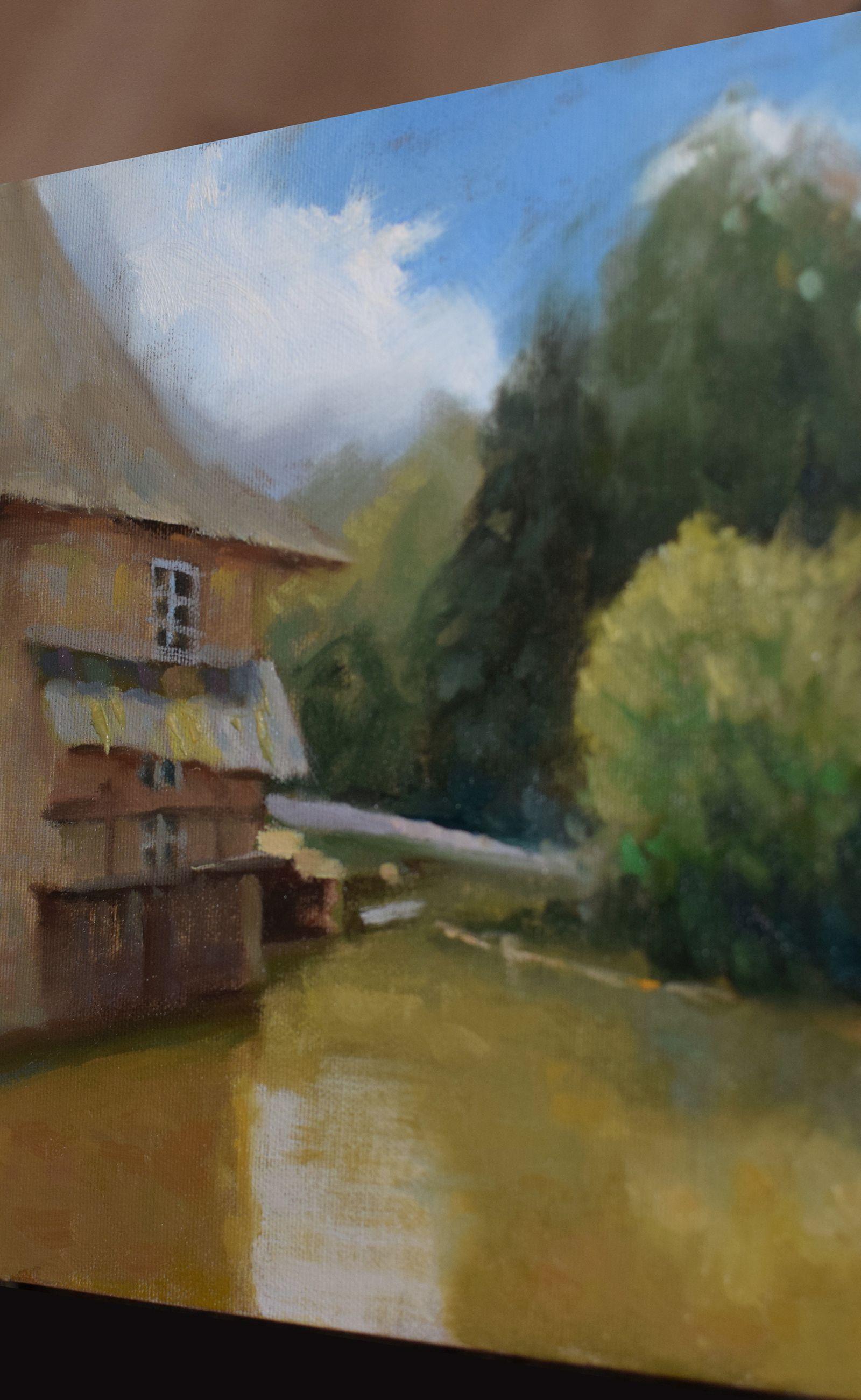 Verteuil-sur-Charente es una pintoresca ciudad de Nueva Aquitania, rica en historia.  Este cuadro impresionista original representa la fábrica de curtidos, situada en el corazón del pueblo.  Está pintado sobre un lienzo beige oscuro realizado por