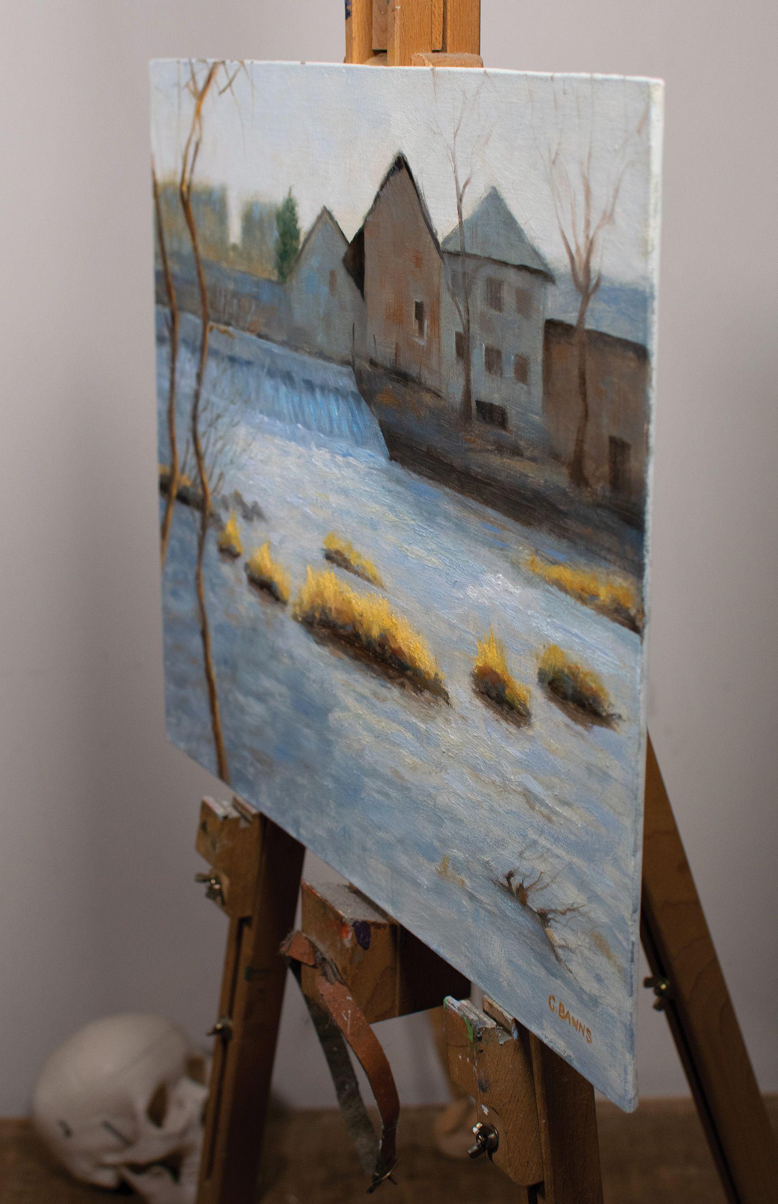 Stramazzo e vecchia industria sul fiume Vienne in inverno, Pittura, Olio su tela - Painting di Gav Banns