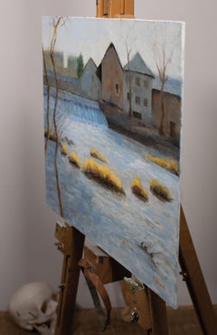 Weir and old industry on the river Vienne winter, Painting, Oil on Canvas