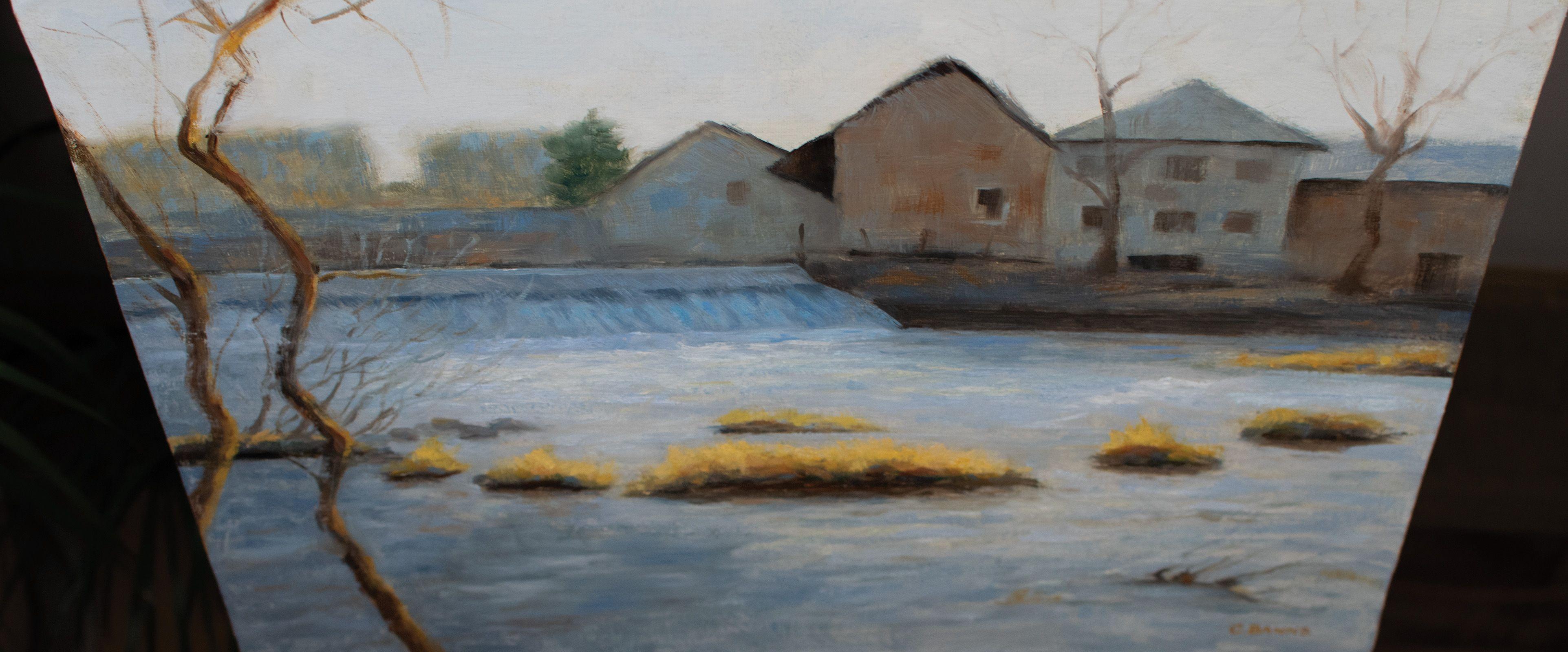 Stramazzo e vecchia industria sul fiume Vienne in inverno, Pittura, Olio su tela - Painting Realismo di Gav Banns