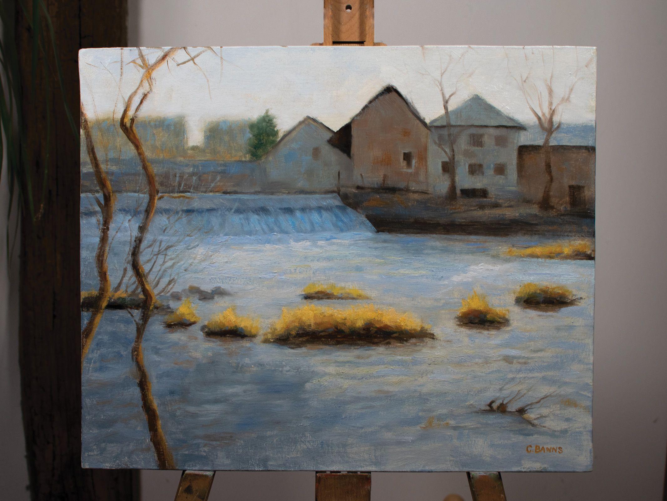Stramazzo e vecchia industria sul fiume Vienne in inverno, Pittura, Olio su tela - Landscape Painting Grigio di Gav Banns
