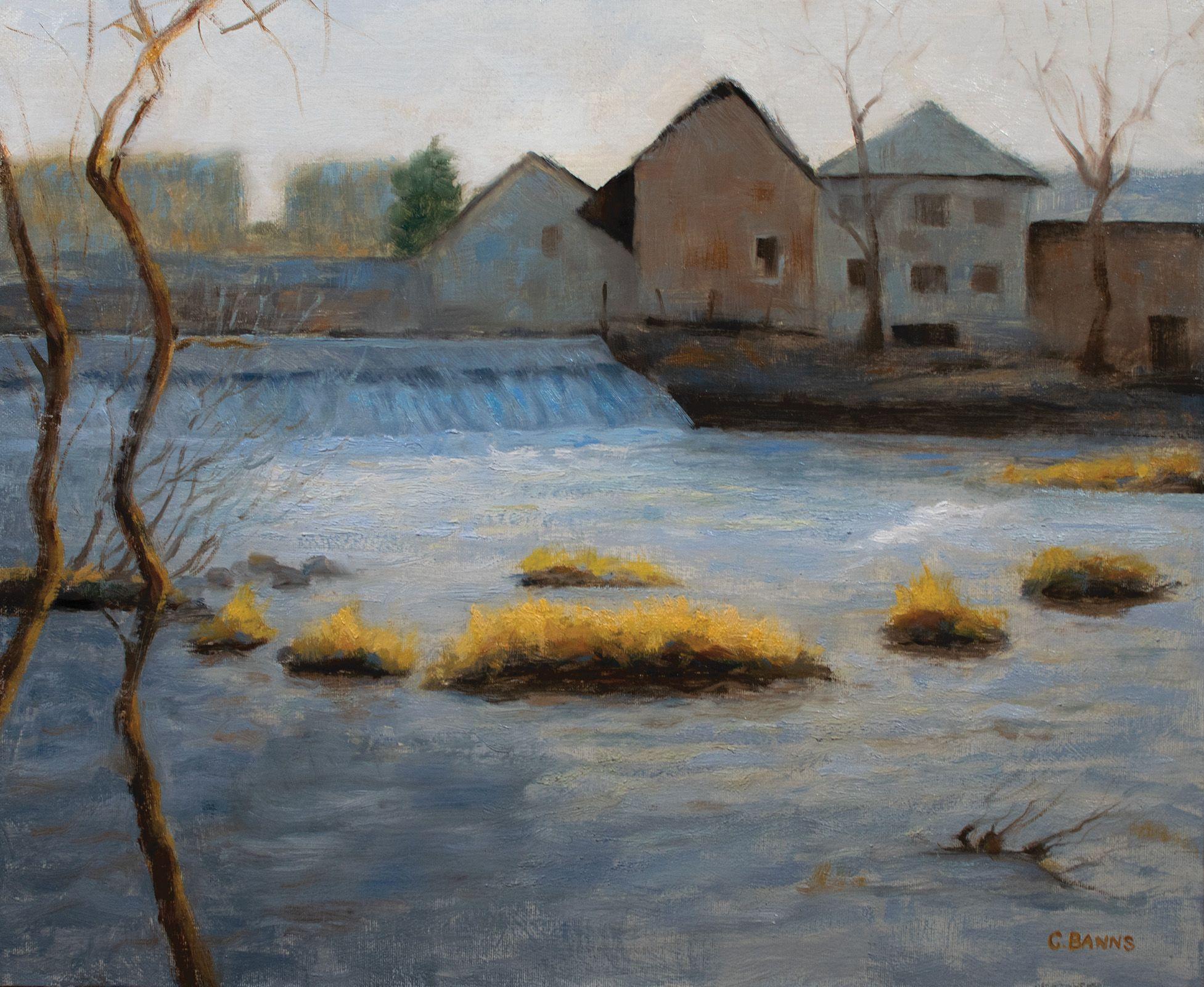 Weir and old industry on the river Vienne winter, Painting, Oil on Canvas