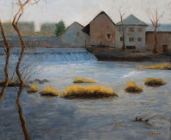 Weir and old industry on the river Vienne winter, Painting, Oil on Canvas