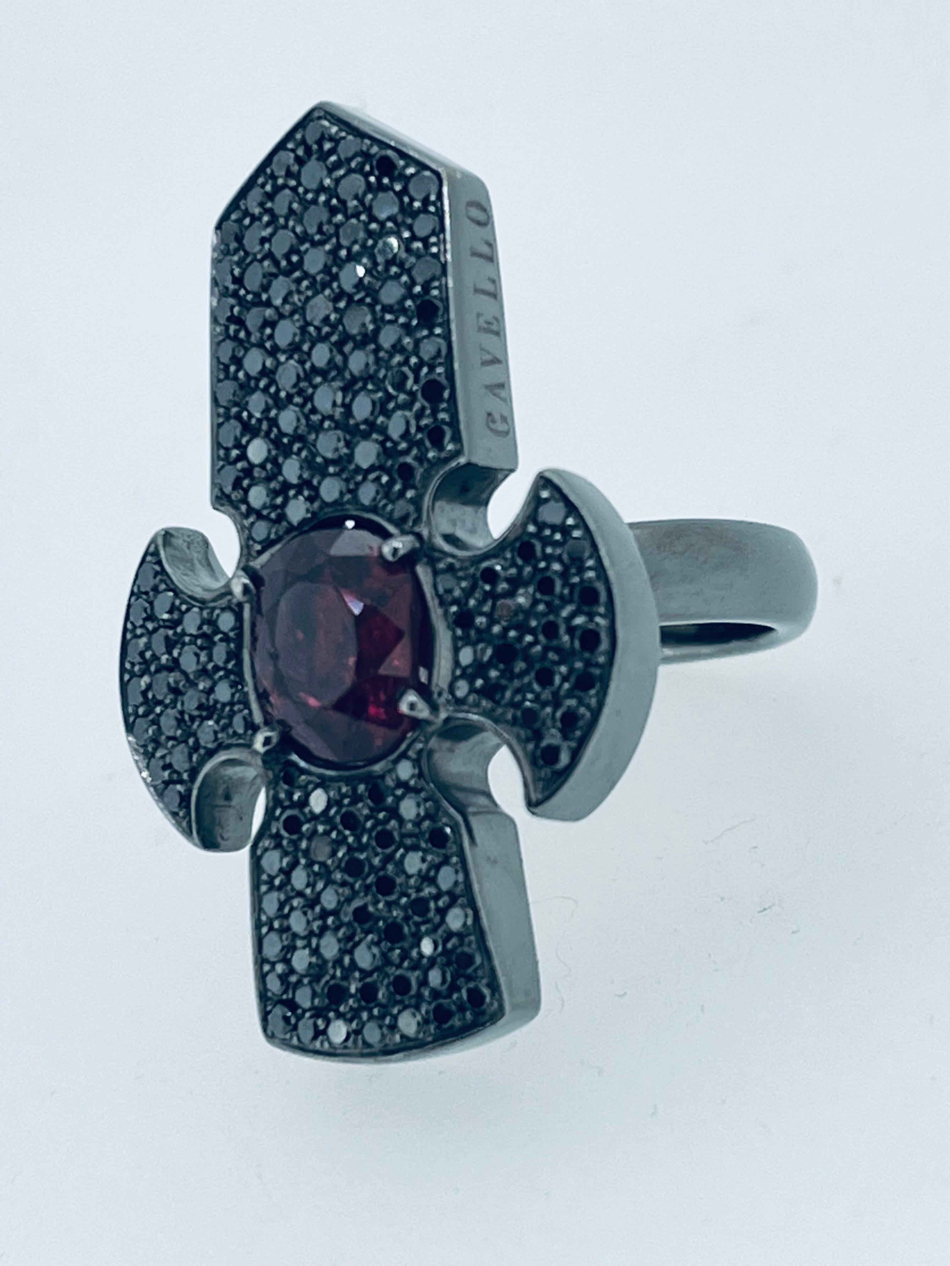 Round Cut Gavello 18ct Black Rhodium Cross Ring with 1.2ct Black Diamonds and Ruby Stone For Sale
