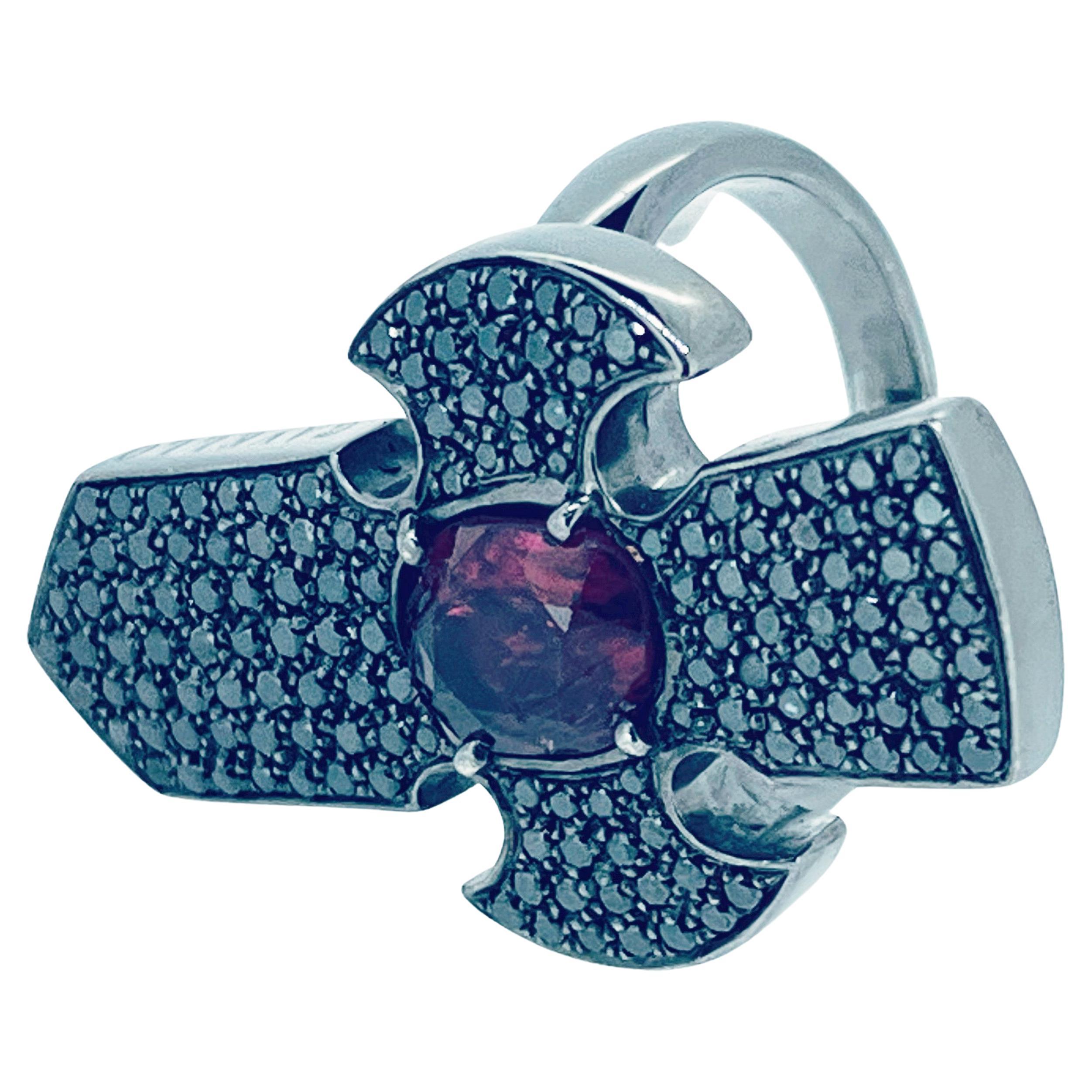 Gavello 18ct Black Rhodium Cross Ring with 1.2ct Black Diamonds and Ruby Stone For Sale