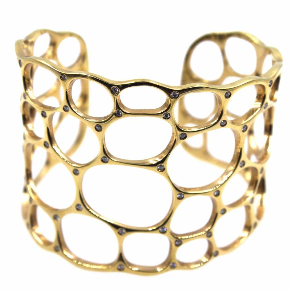 Round Cut Gavello Diamond Studded 18 Karat Yellow Gold Open Wide Cuff Bracelet