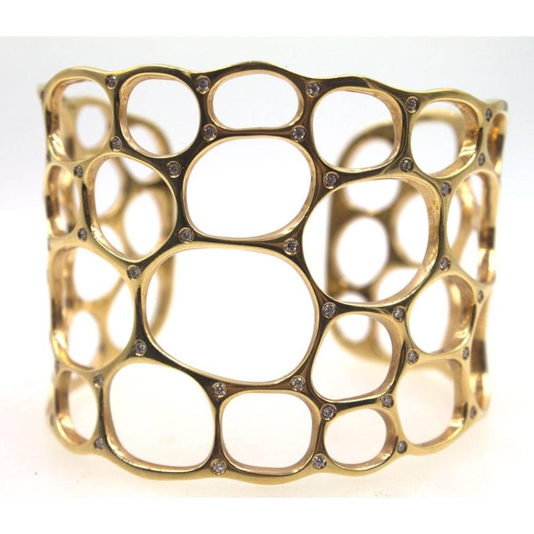 Gavello Diamond Studded 18 Karat Yellow Gold Open Wide Cuff Bracelet at