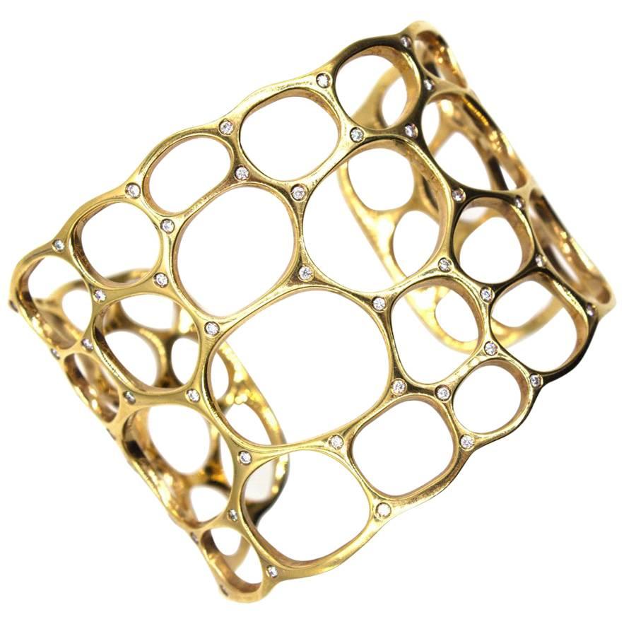 Gavello Diamond Studded 18 Karat Yellow Gold Open Wide Cuff Bracelet