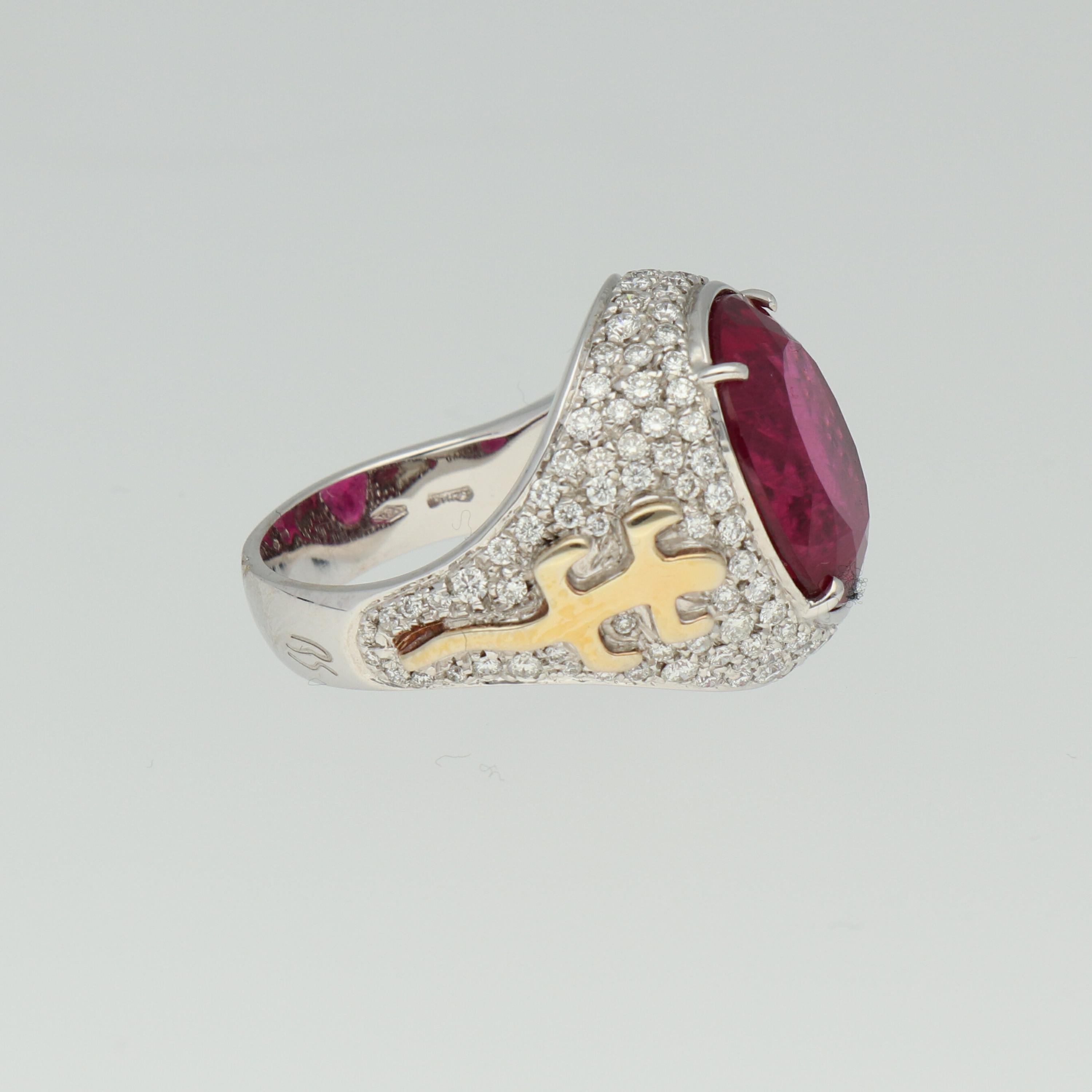 Contemporary Gavello Rubellite Pave Diamonds Gold Cocktail Ring For Sale