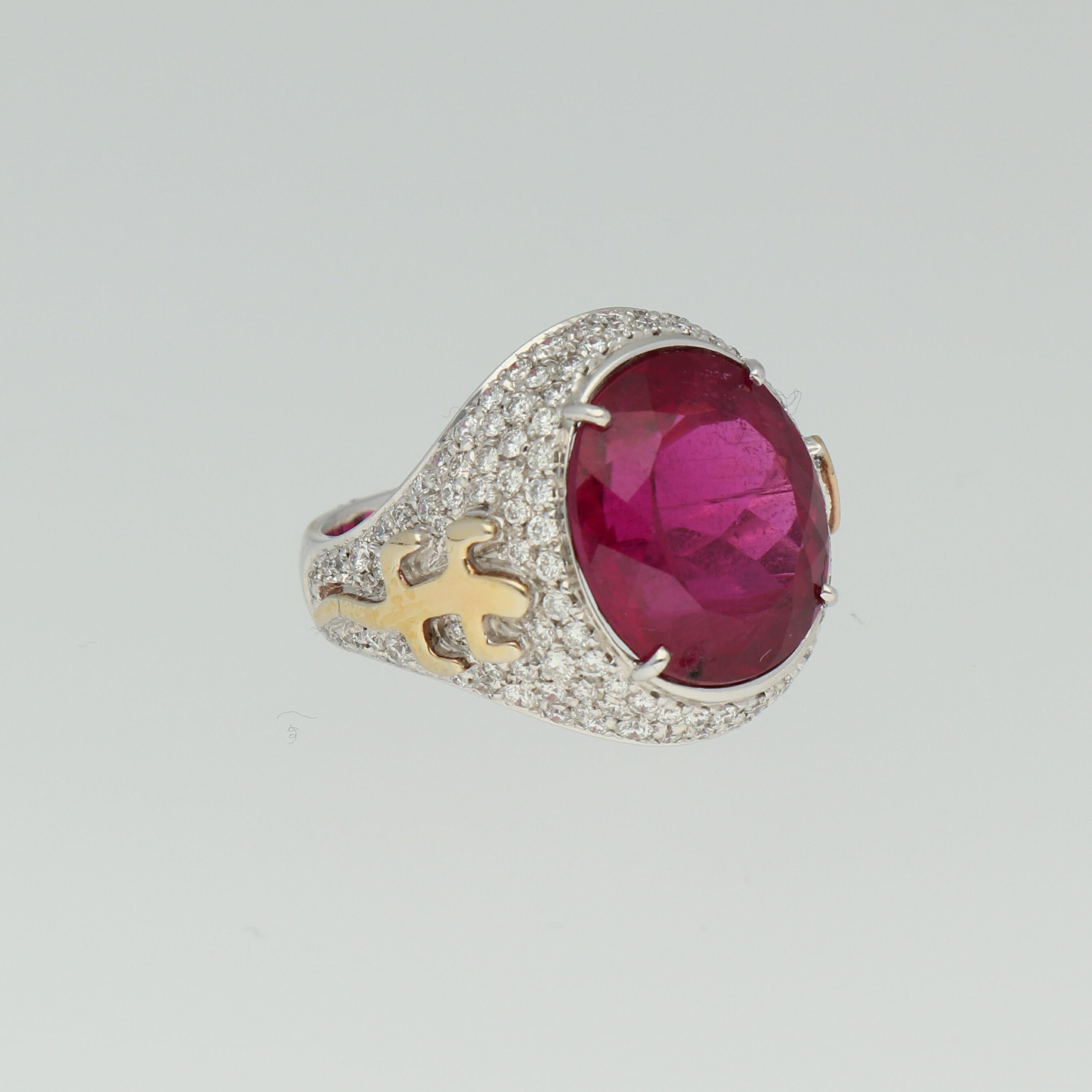 Round Cut Gavello Rubellite Pave Diamonds Gold Cocktail Ring For Sale