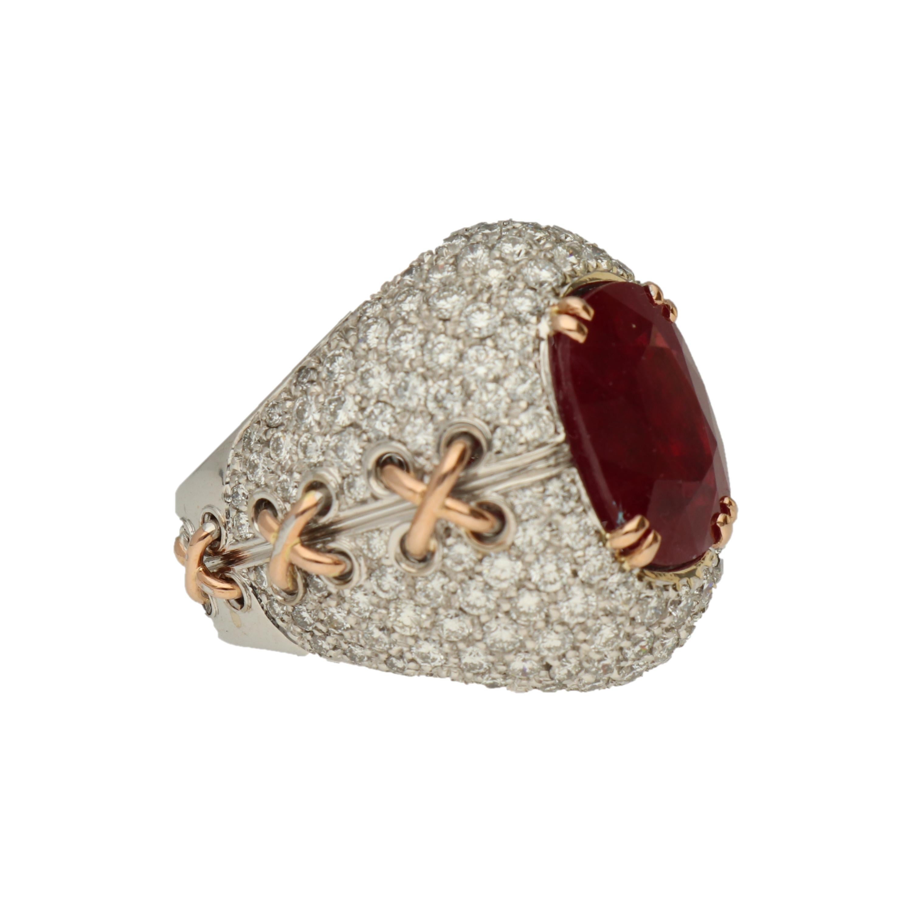Contemporary Gavello Ruby Diamonds Pave White and Yellow Gold Cocktail Ring For Sale