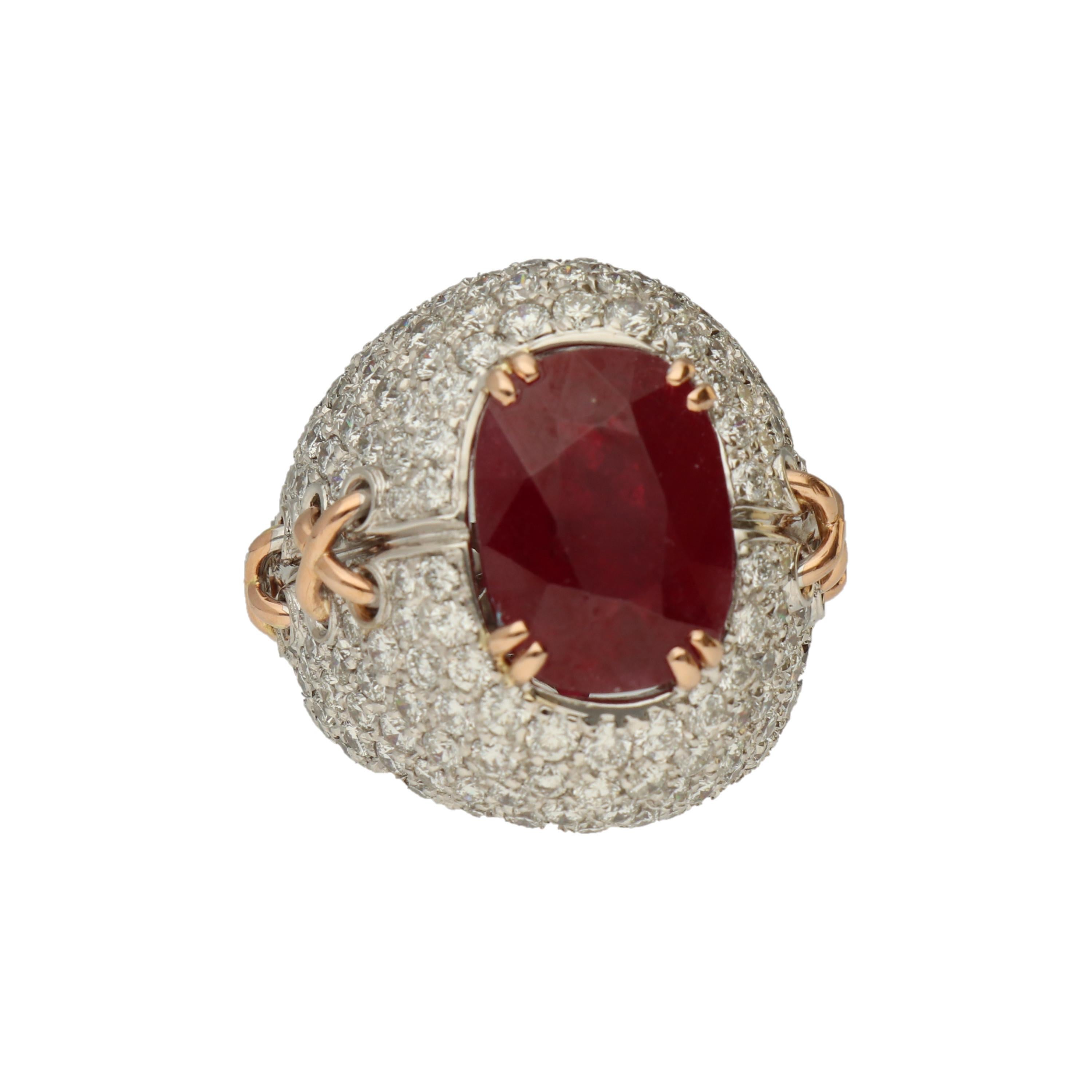 Round Cut Gavello Ruby Diamonds Pave White and Yellow Gold Cocktail Ring For Sale