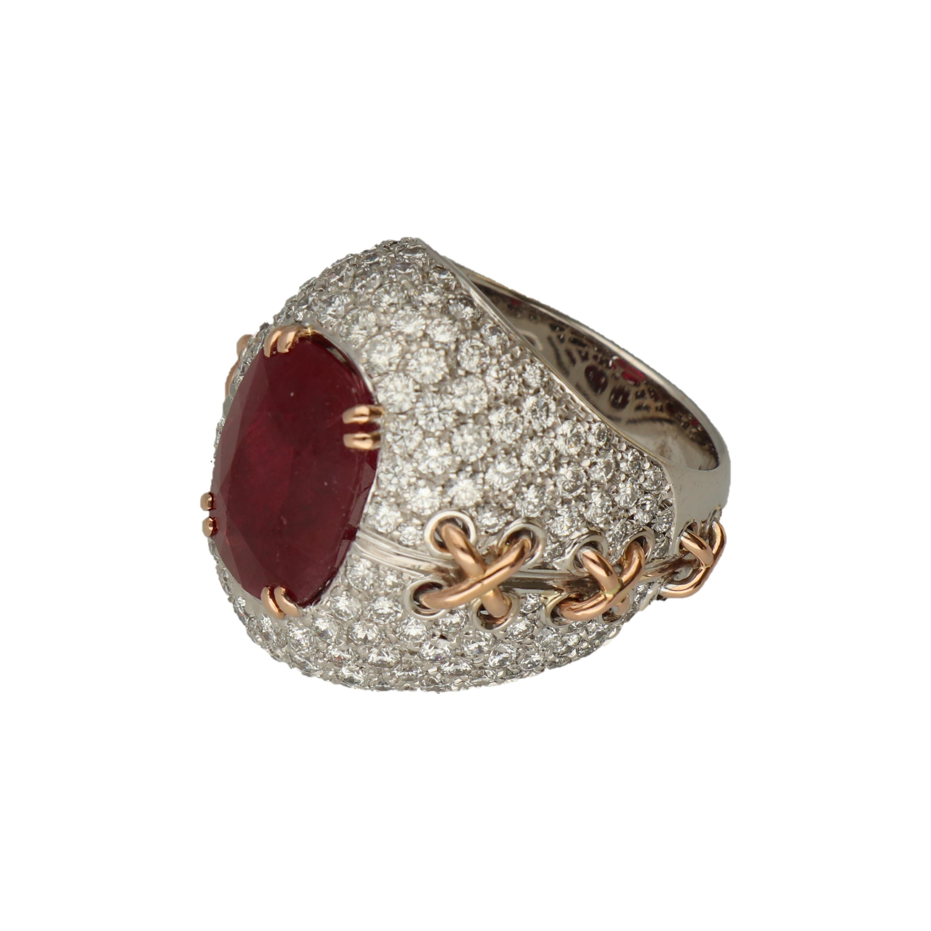 Women's Gavello Ruby Diamonds Pave White and Yellow Gold Cocktail Ring For Sale