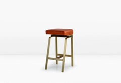 Gavilan Barstool, Solid Brass Base with Walnut Details and Orange Leather