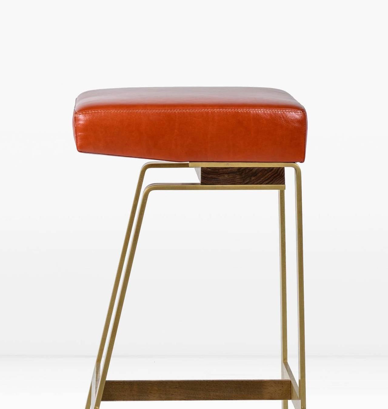 American Gavilan Barstool, Solid Brass Base with Walnut Details and Orange Leather