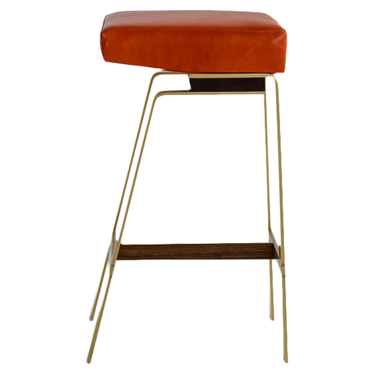 Gavilan Barstool, Solid Brass Base with Walnut Details and Orange Leather