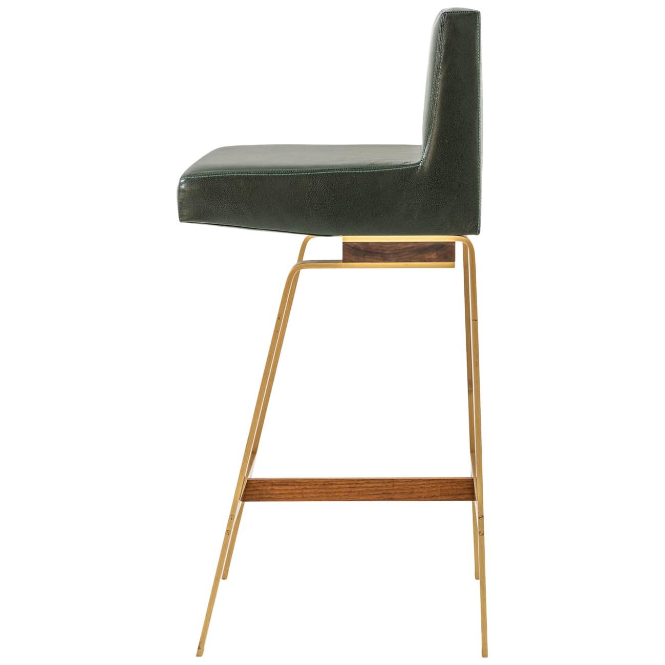 Gavilan Barstool with Back, Solid Brass Base, COM/COL shown Green Leather
