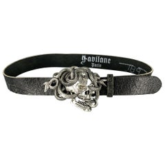 GAVILANE PARIS Size 36 Silver Tone Rhinestone Snake Skull Black Leather Belt