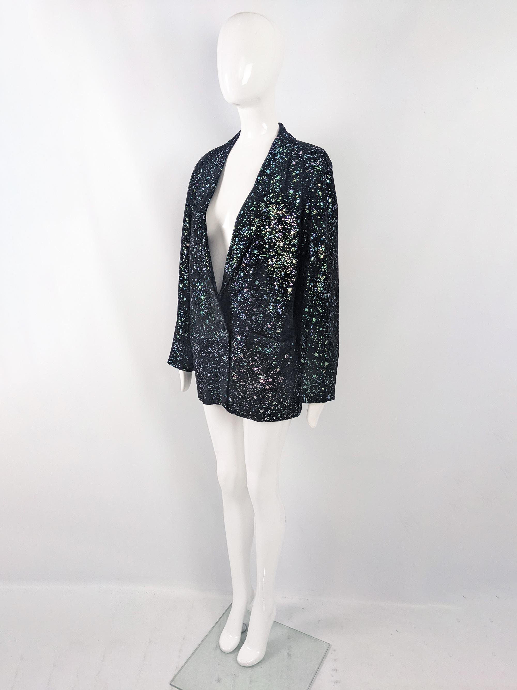 Gavin Brown Vintage 80s Black Suede Holographic Iridescent Print Jacket, 1980s For Sale 1