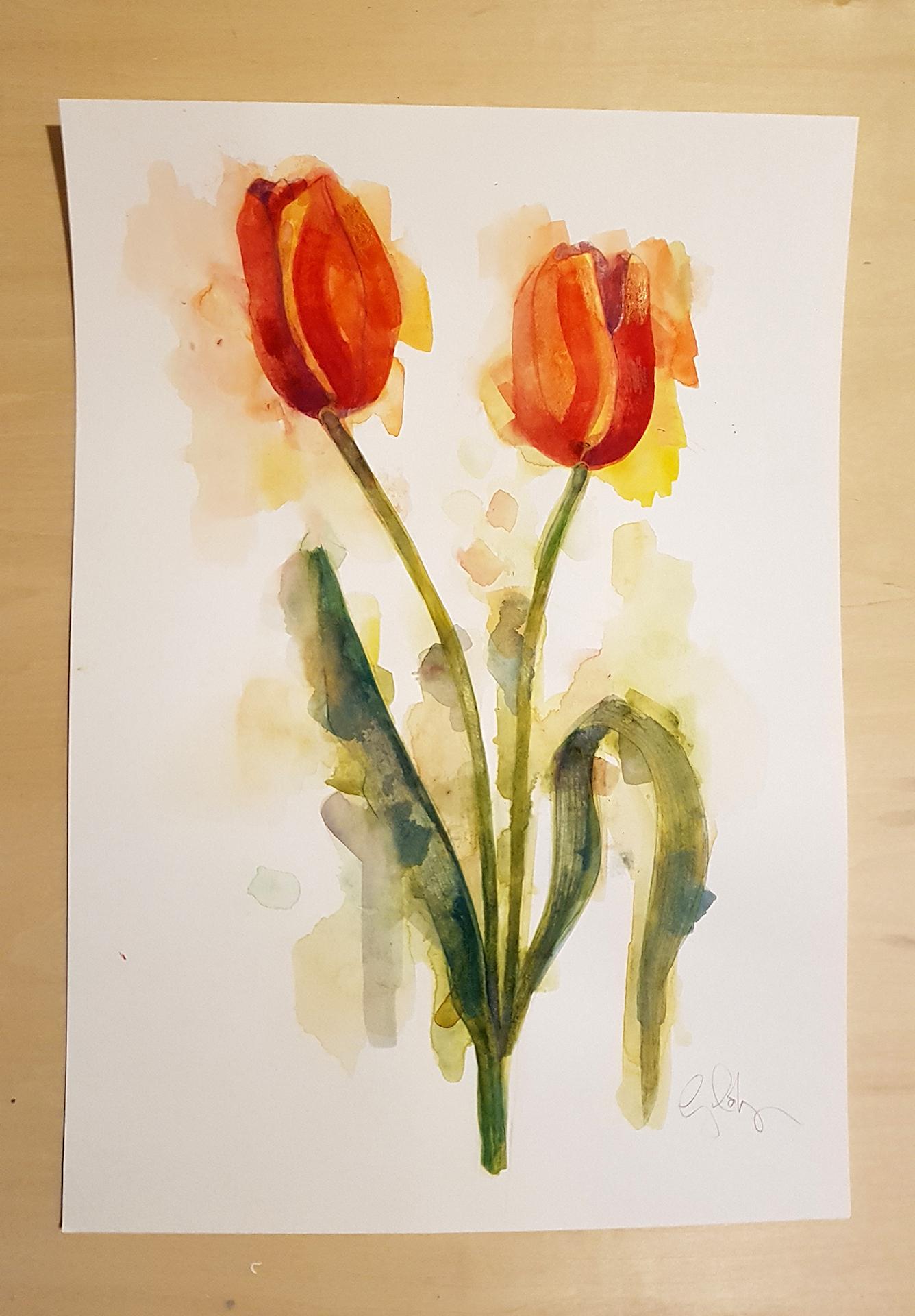 modern style Red tulips floral unframed watercolor on paper flowers original art tall painting miniature artwork