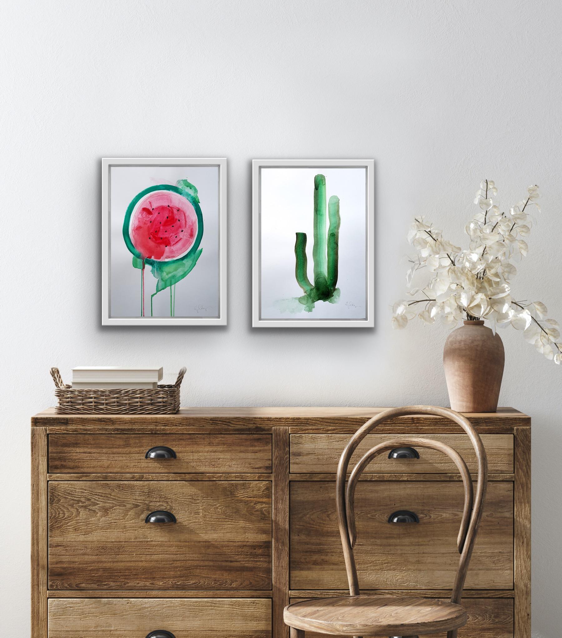 Watermelon and Cactus Painting Diptych 1