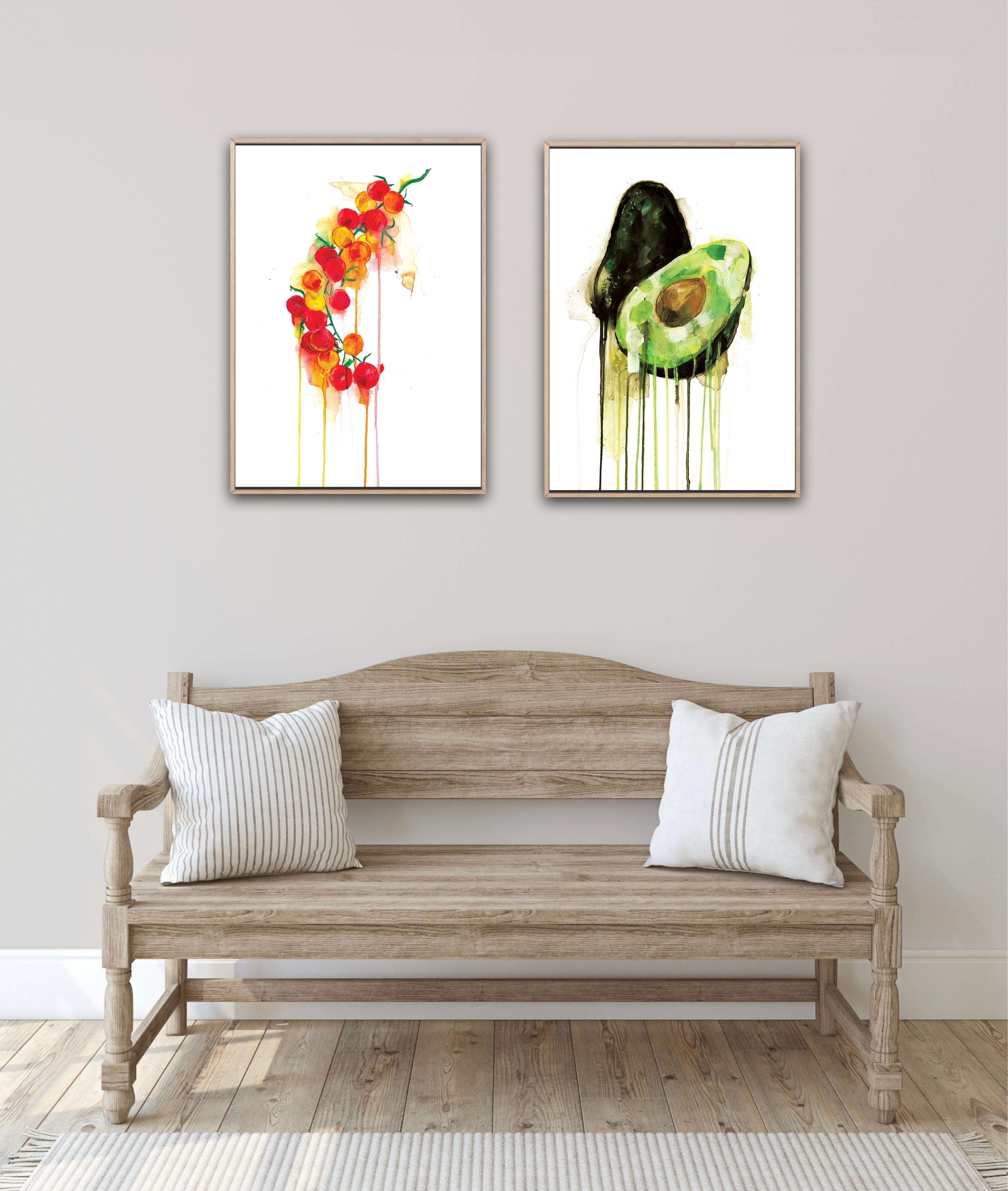 Diptychon aus Avocado- und Tomatenblättern (Beige), Still-Life Print, von Gavin Dobson
