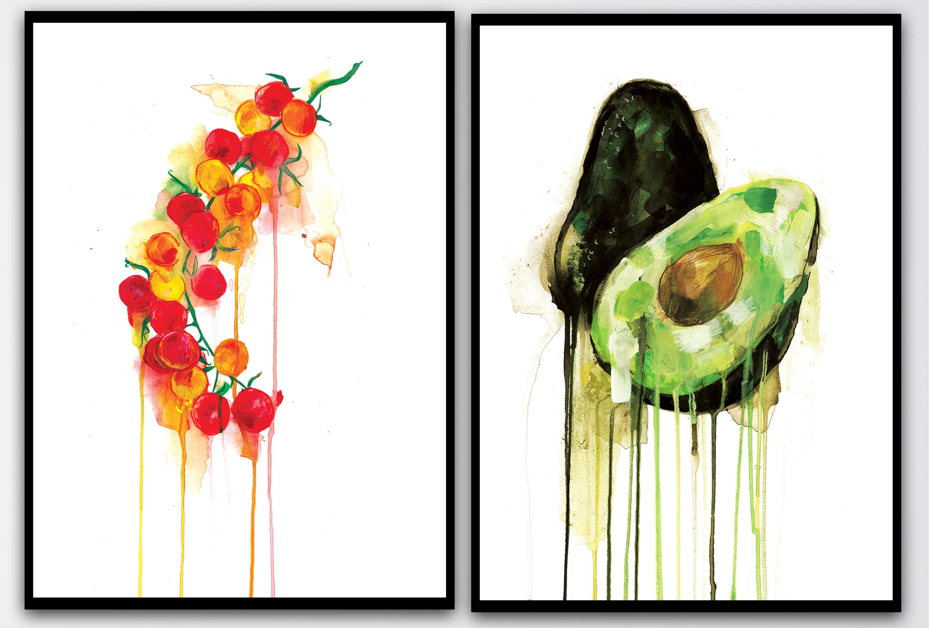 Gavin Dobson Still-Life Print – Diptychon aus Avocado- und Tomatenblättern