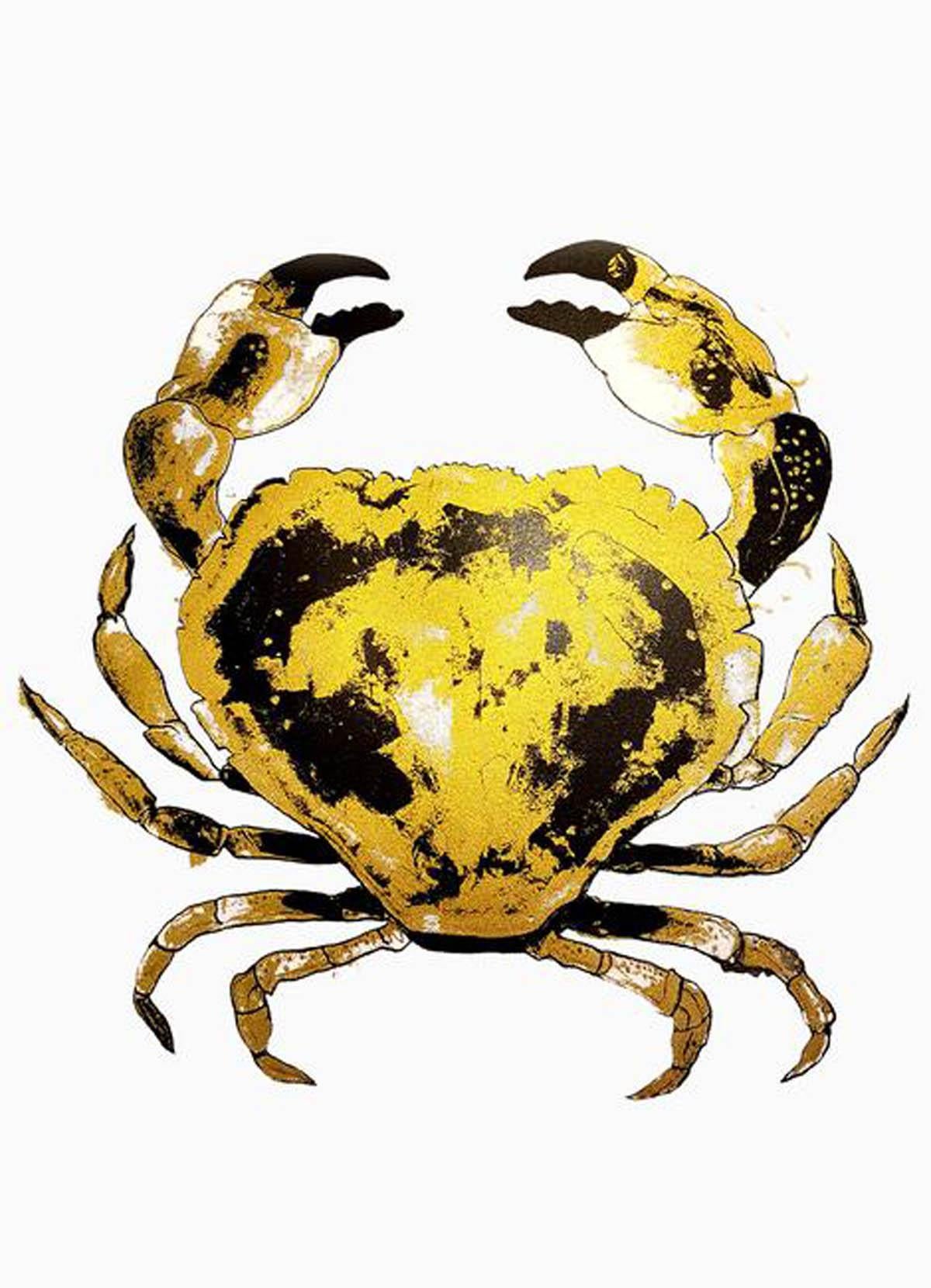 Crab gold è una bellissima serigrafia a due strati realizzata da Gavin Dobson.

Basata su un dipinto originale a guazzo, questa lussuosa opera d'arte è stampata individualmente a mano dall'artista utilizzando mezzi toni per creare le texture e le