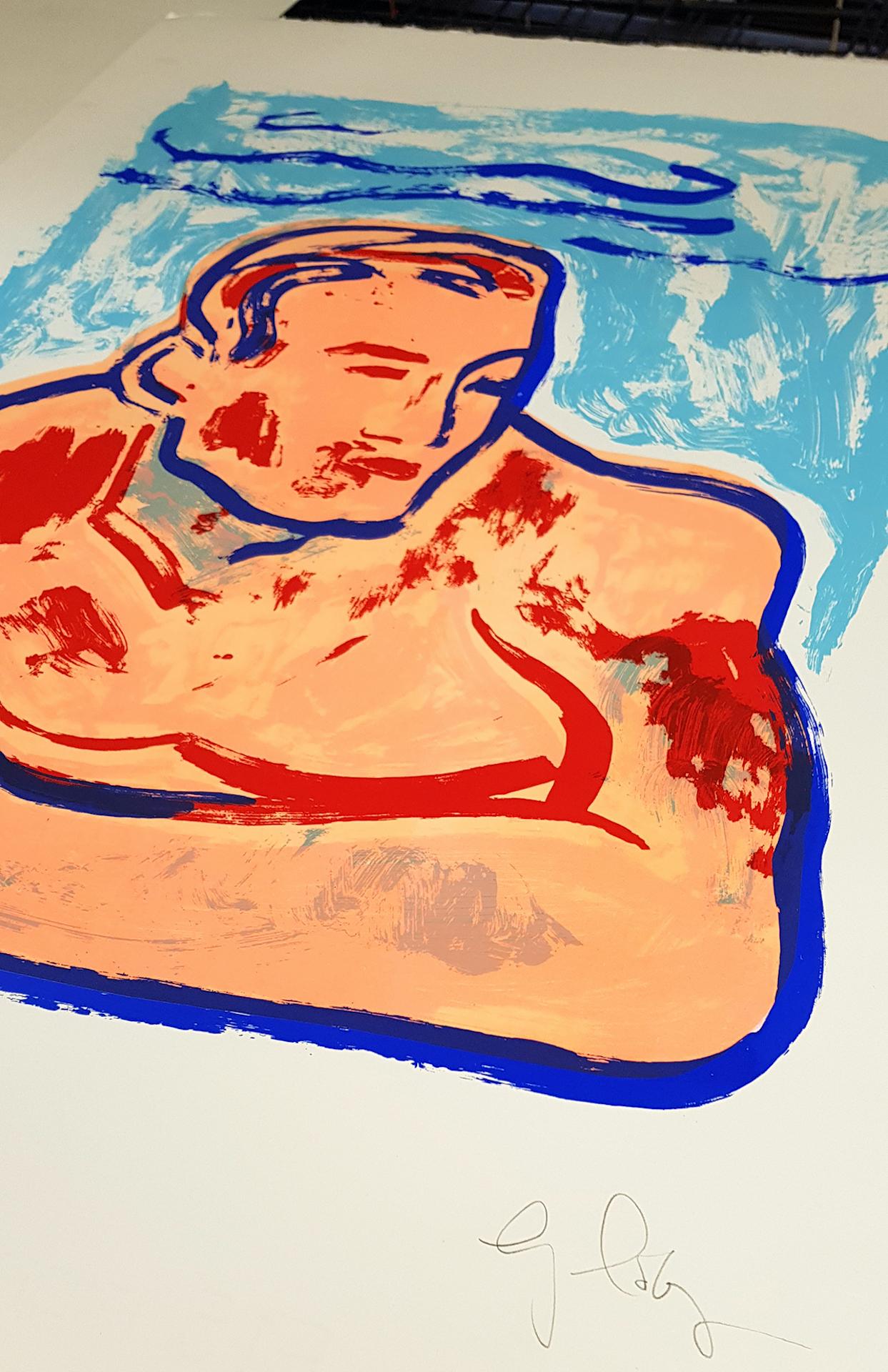 Hey Jimmy, Limited Edition Screen Print, Contemporary Art, Boy, Swimming - Gray Figurative Print by Gavin Dobson