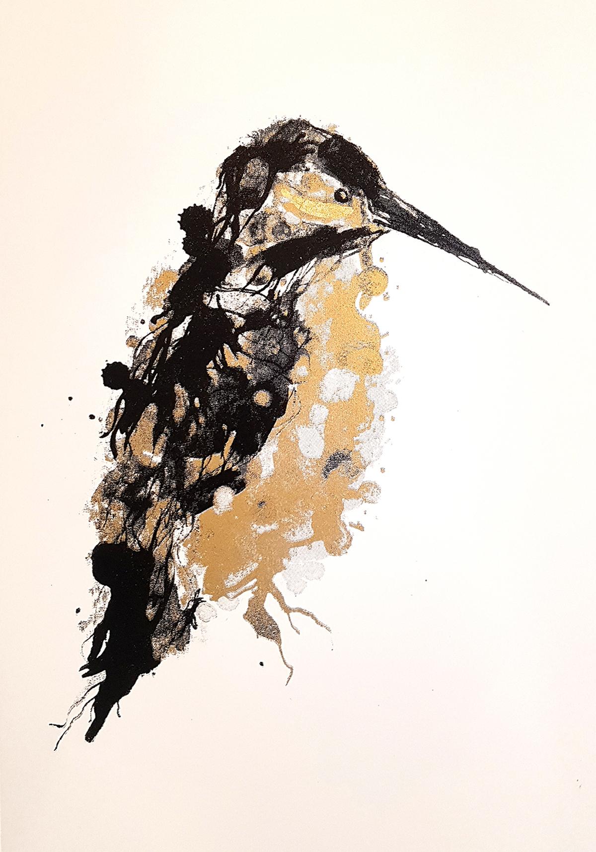 Gavin Dobson - « Kingfisher Gold », art or, imprimé animal, art oiseau, sérigraphie d'art