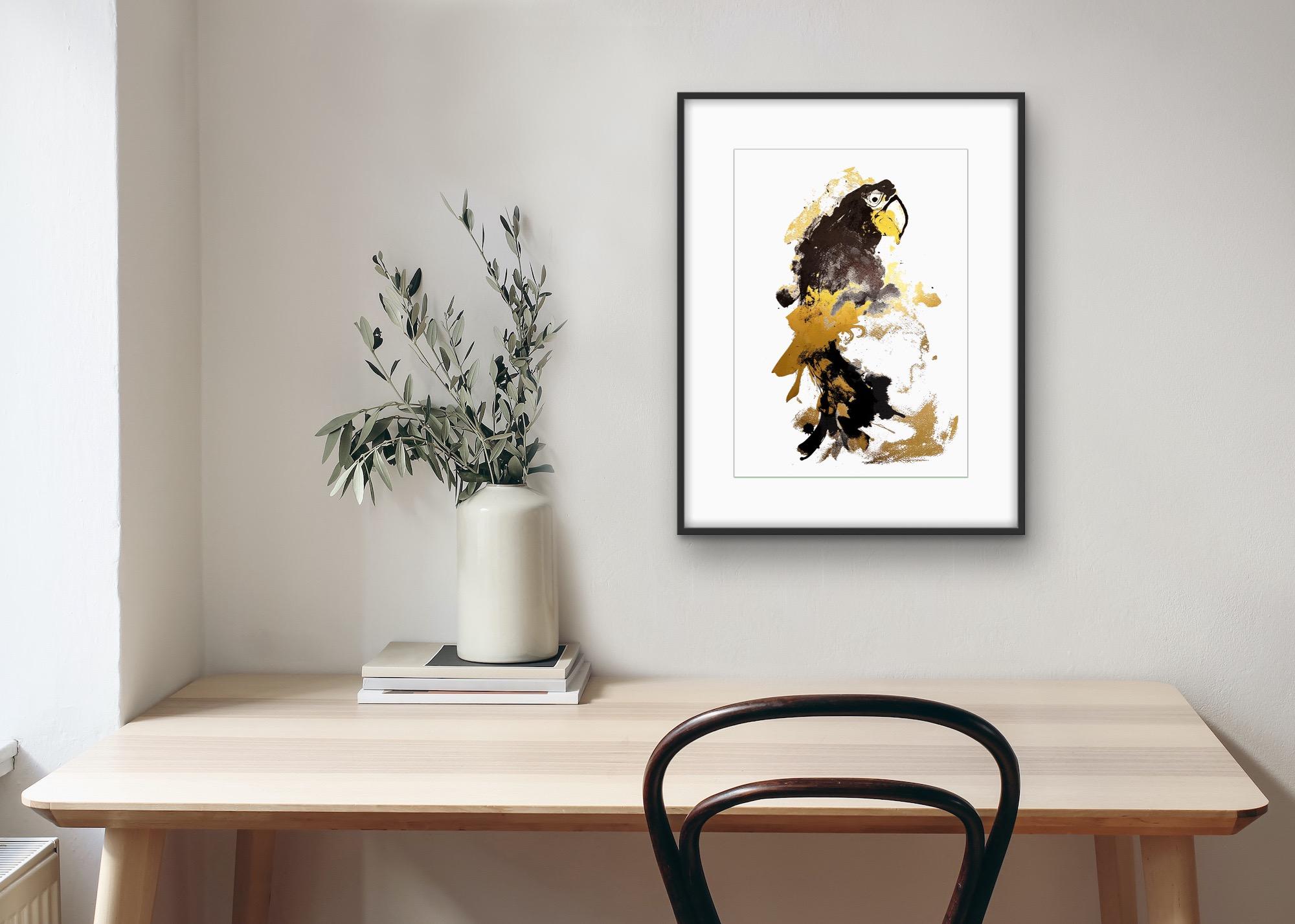 Parrot Gold, edition of 50, bird art, affordable art, yellow and black art For Sale 5