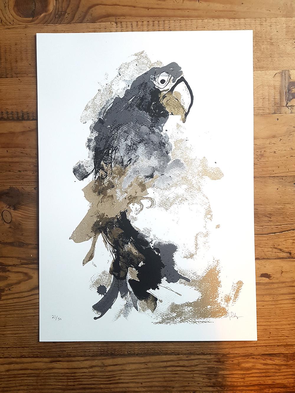 Parrot Gold, edizione di 50, arte degli uccelli, arte accessibile, arte gialla e nera - Print di Gavin Dobson