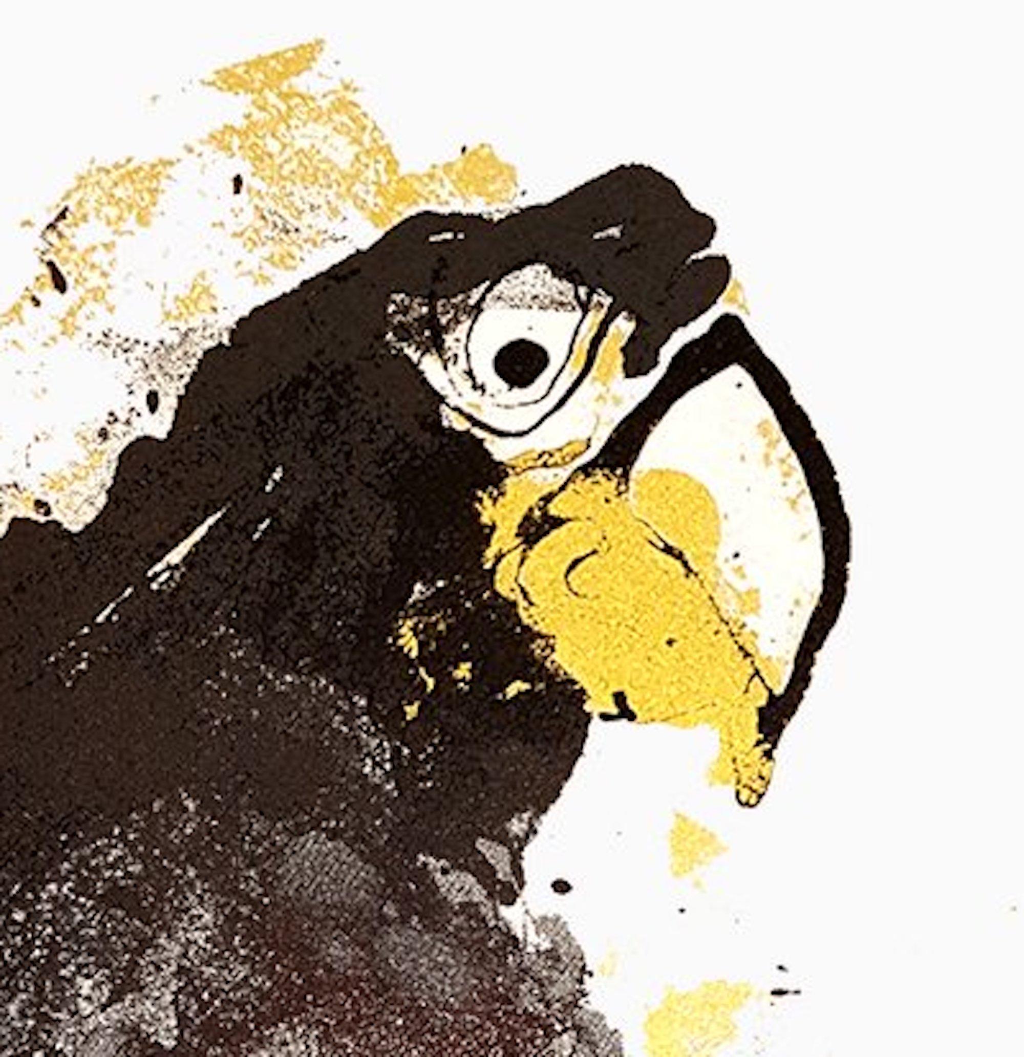 Parrot Gold, edizione di 50, arte degli uccelli, arte accessibile, arte gialla e nera - Print Contemporaneo di Gavin Dobson