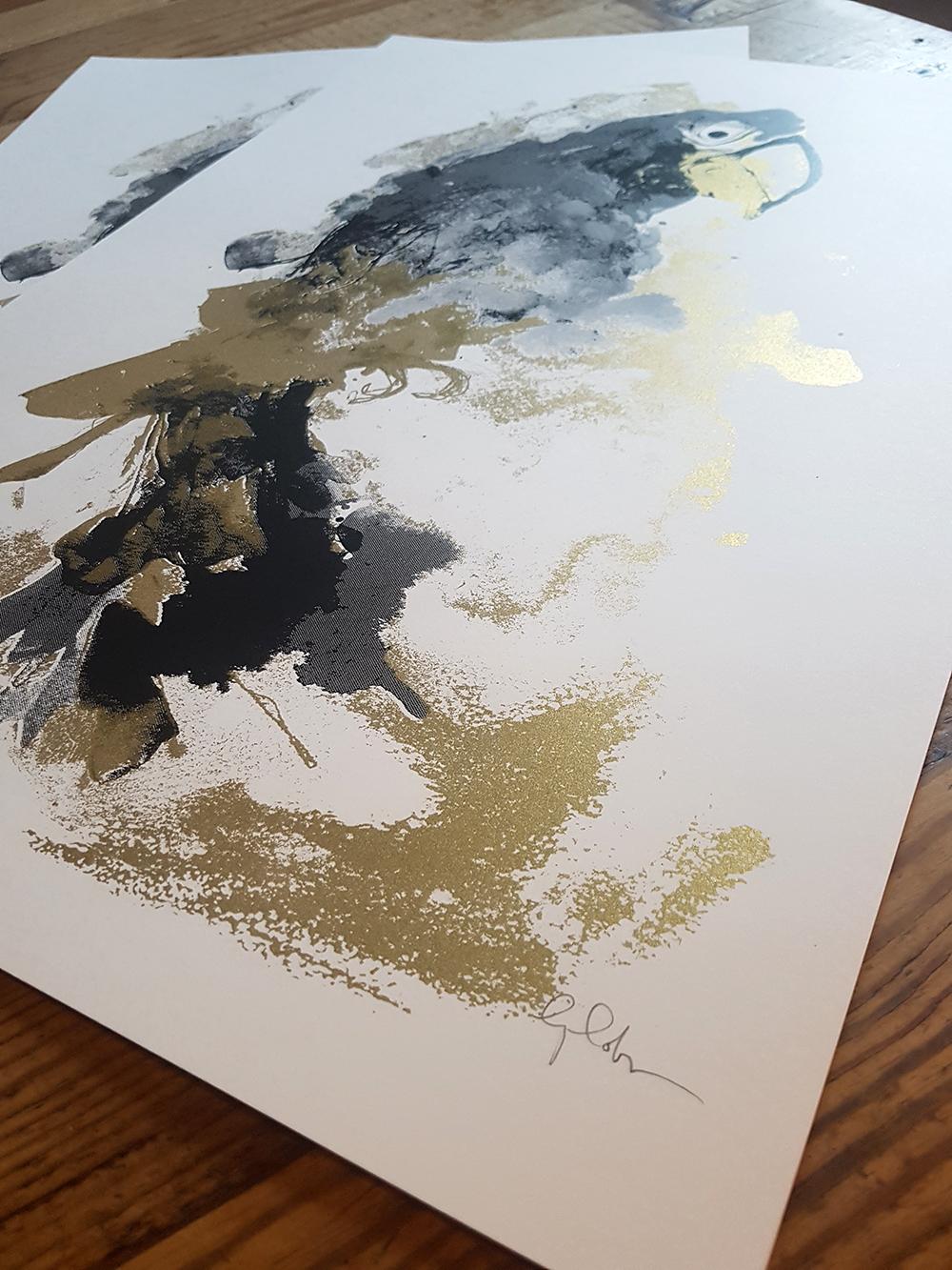 Parrot gold is a beautiful 2 layer silk screen print by Gavin Dobson.

Based on an original gouache painting, this luxurious piece of art is individually hand printed by the artist using half tones to create the textures and shades running through