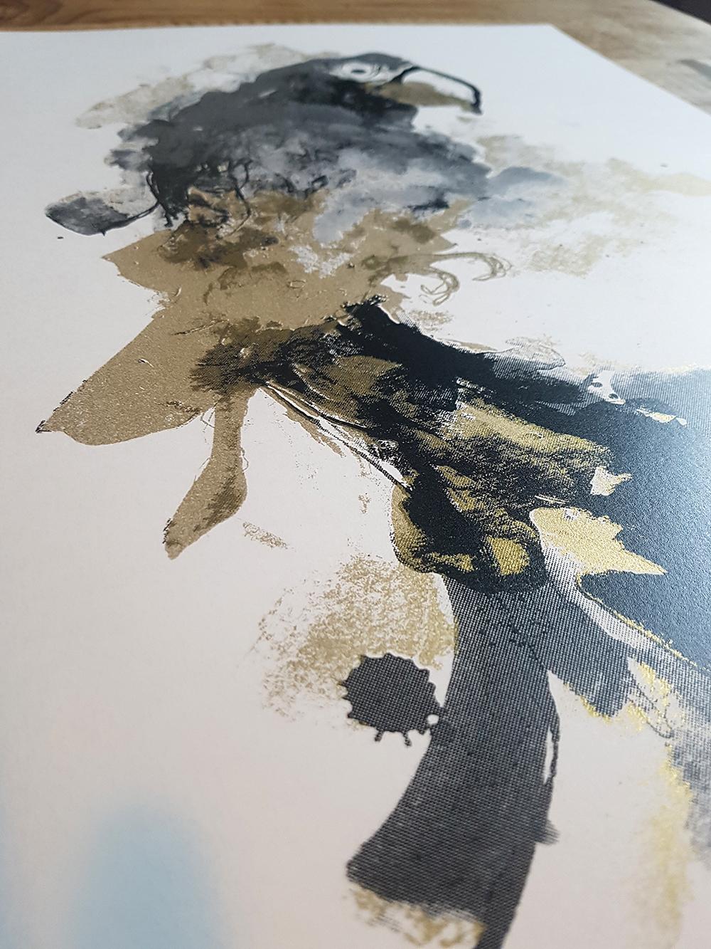 Parrot Gold, edizione di 50, arte degli uccelli, arte accessibile, arte gialla e nera 1
