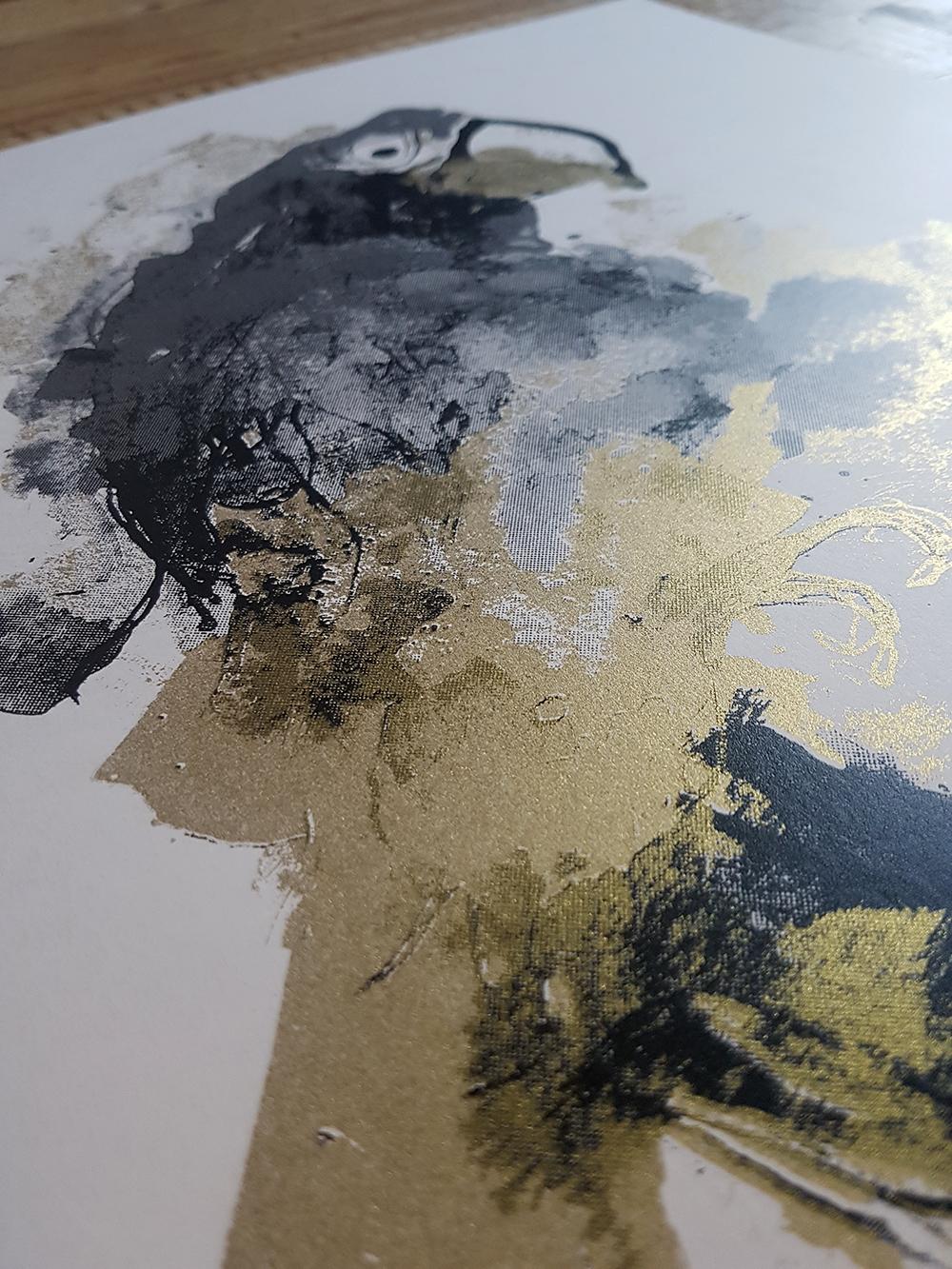 Parrot Gold, edizione di 50, arte degli uccelli, arte accessibile, arte gialla e nera 2