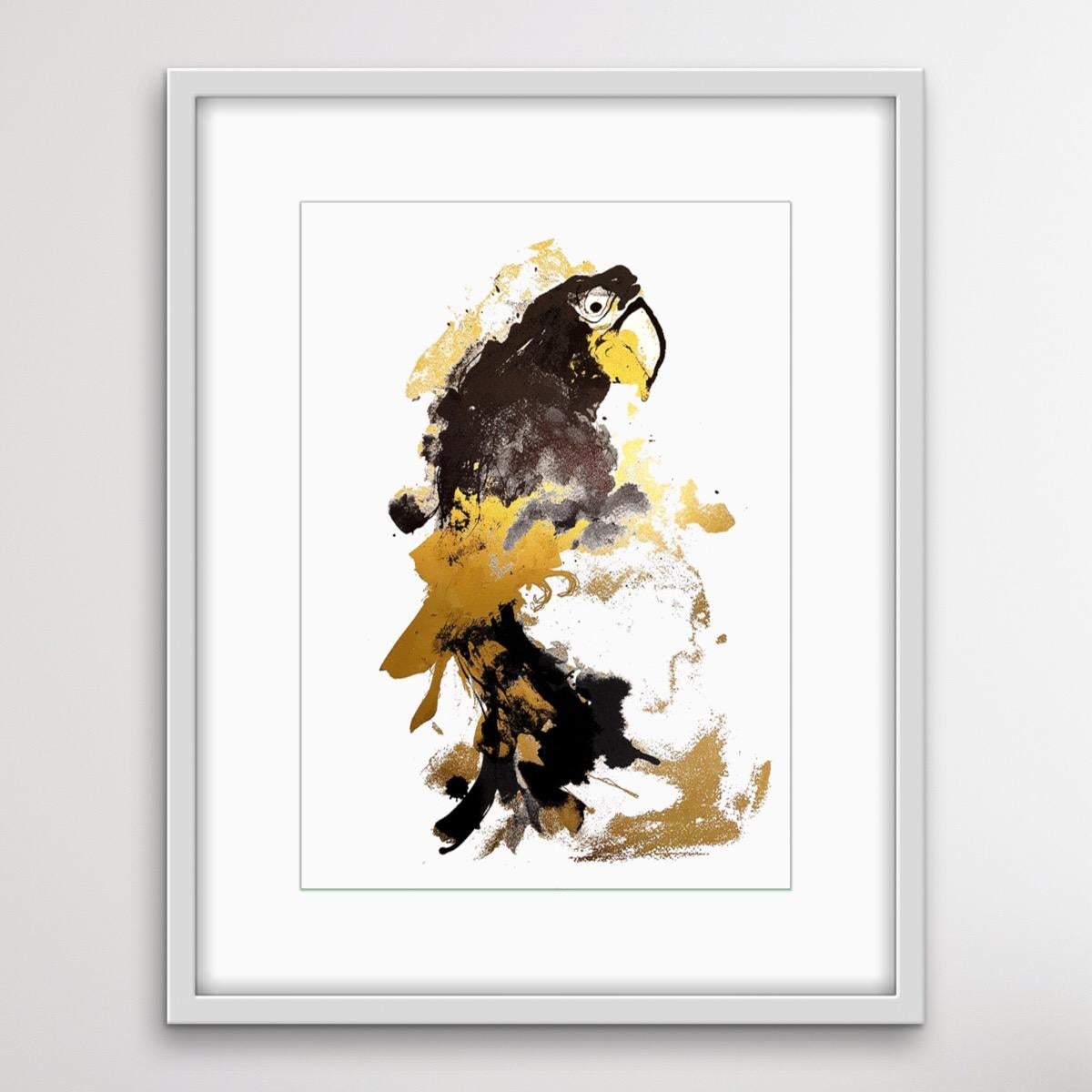 Parrot Gold, edition of 50, bird art, affordable art, yellow and black art For Sale 3