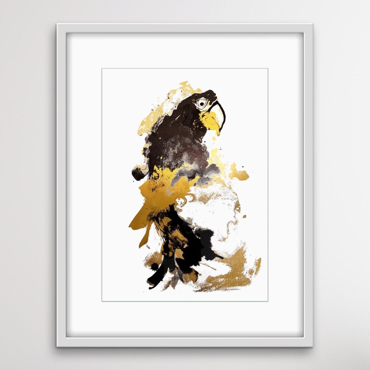 Parrot Gold, edizione di 50, arte degli uccelli, arte accessibile, arte gialla e nera 3